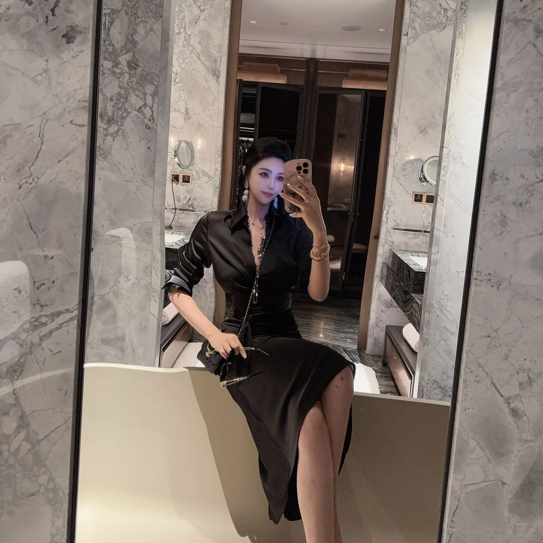 DOUWU【林家千金】黑色蕾丝V领翻领蕾丝袖衬衫款连衣裙LYQ13411