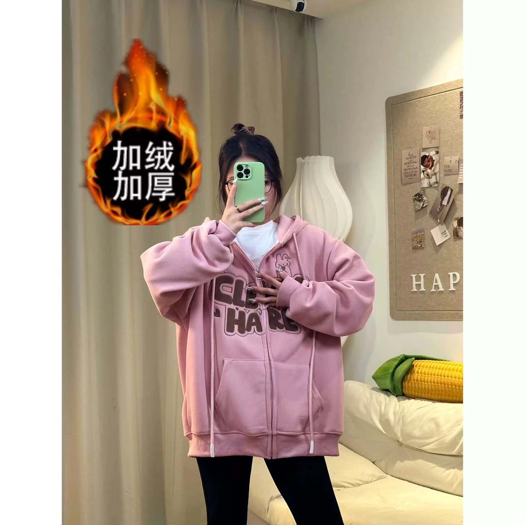 拼色连帽卫衣女加绒加厚宽松休闲百搭冬季外套043