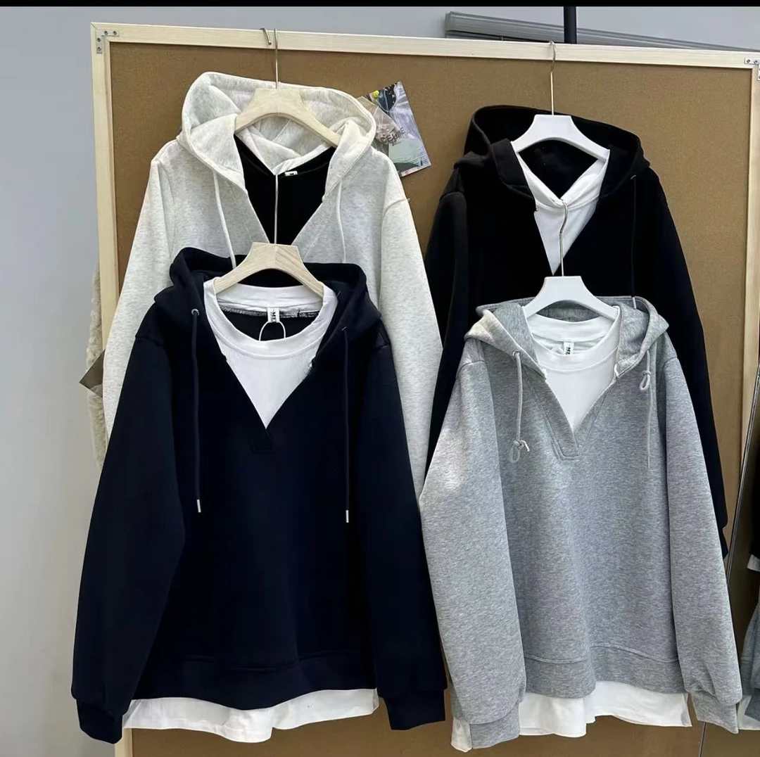 假两件卫衣女秋冬加厚时尚韩版宽松慵懒连帽上衣