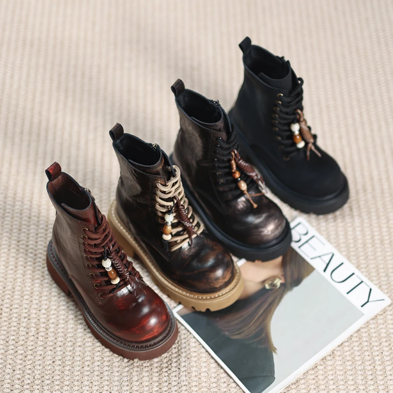 【渔】真皮2025秋季水洗擦色隐形增高10CM马丁靴女LX50711