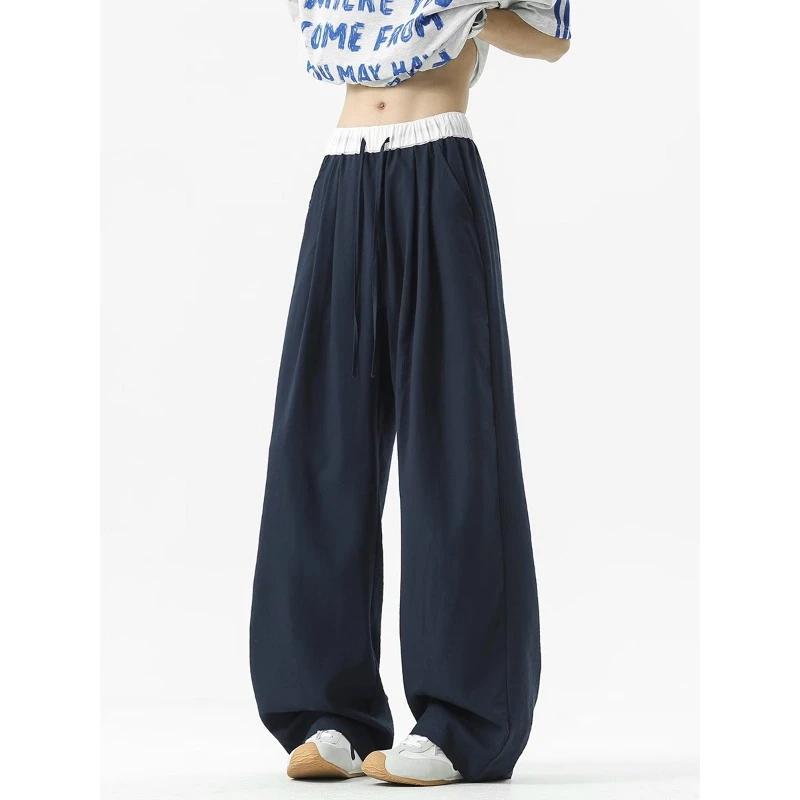 日系藏青色休闲裤子男夏季薄款亚麻长裤宽松慵懒风垂感直筒阔腿裤