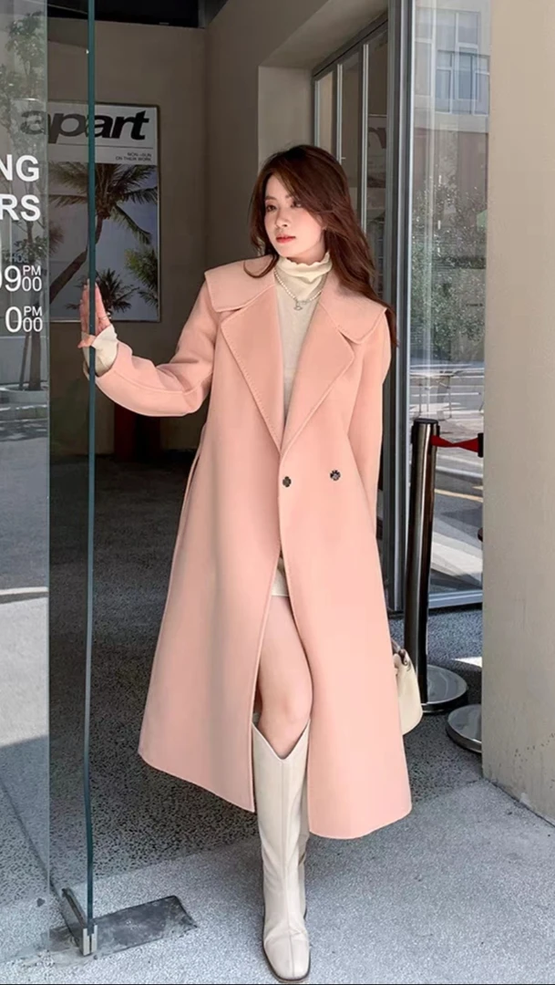 藕粉色高级感双面羊绒大衣女2024新款羊毛呢大衣外套女秋冬季长款
