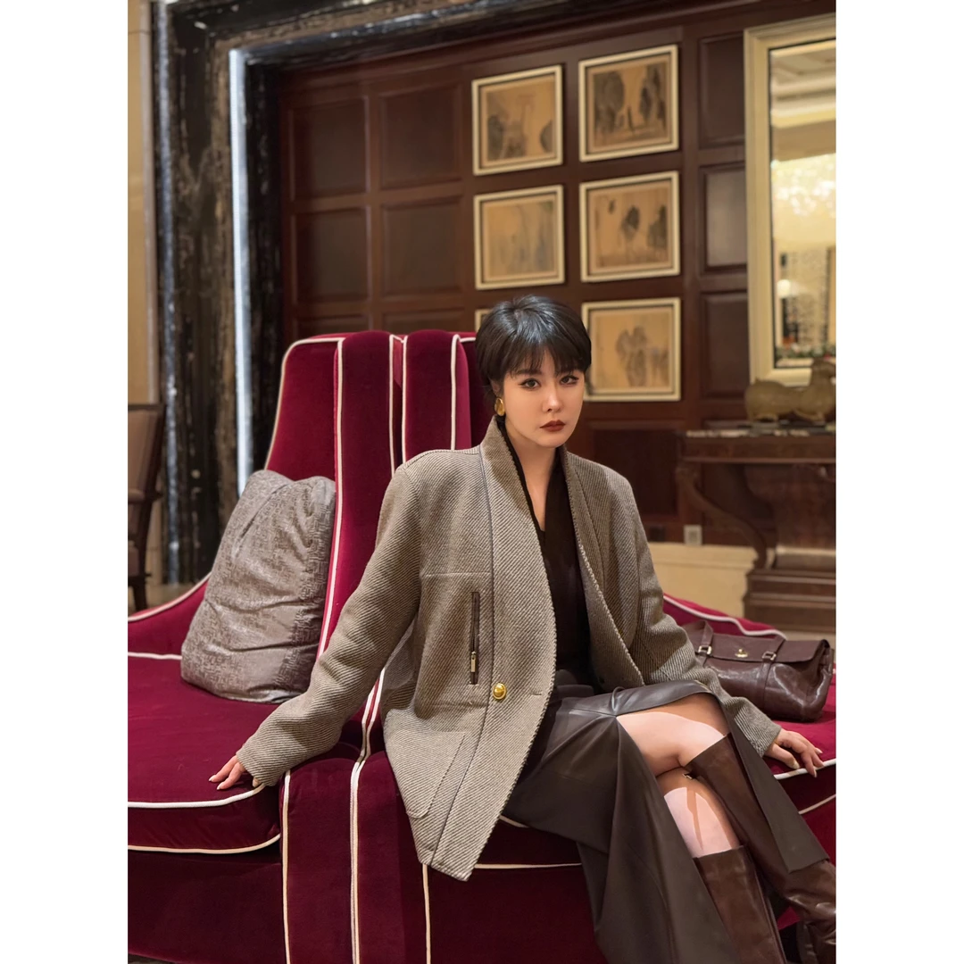 【烟斗的温柔】英伦绅士装复古中长款羊毛斜纹夹克 宽肩阔西装