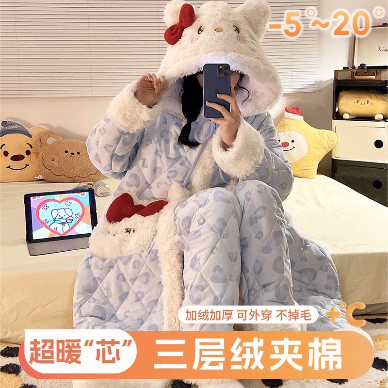 新款睡袍女冬季三层夹棉睡衣加绒加厚卡通连帽保暖家居服套装长款