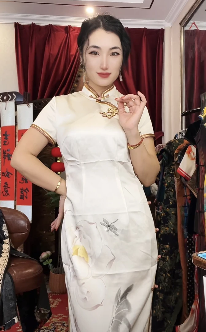 8915【醋酸莲意】定位花全开襟双层长款日常时尚走秀复古旗袍