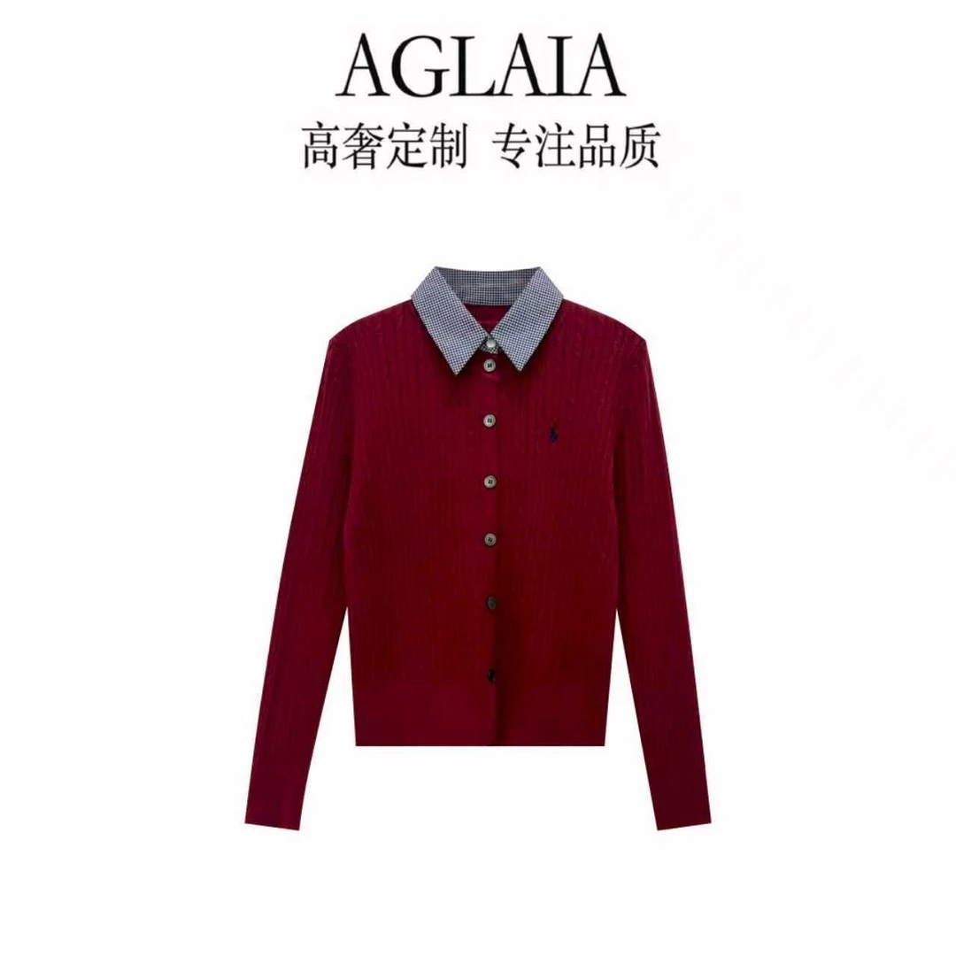 AGLAIA-早春新款撞色时尚简约假两件休闲百搭翻领针织开衫6173