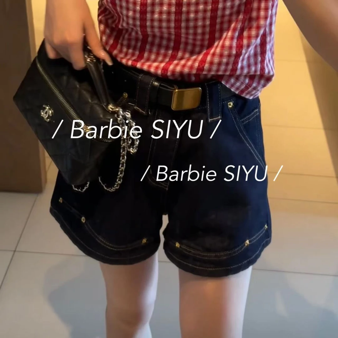 Barbie Siyu【火辣辣】 5685夏季韩版高腰A字柳钉拼接牛仔百搭短裤