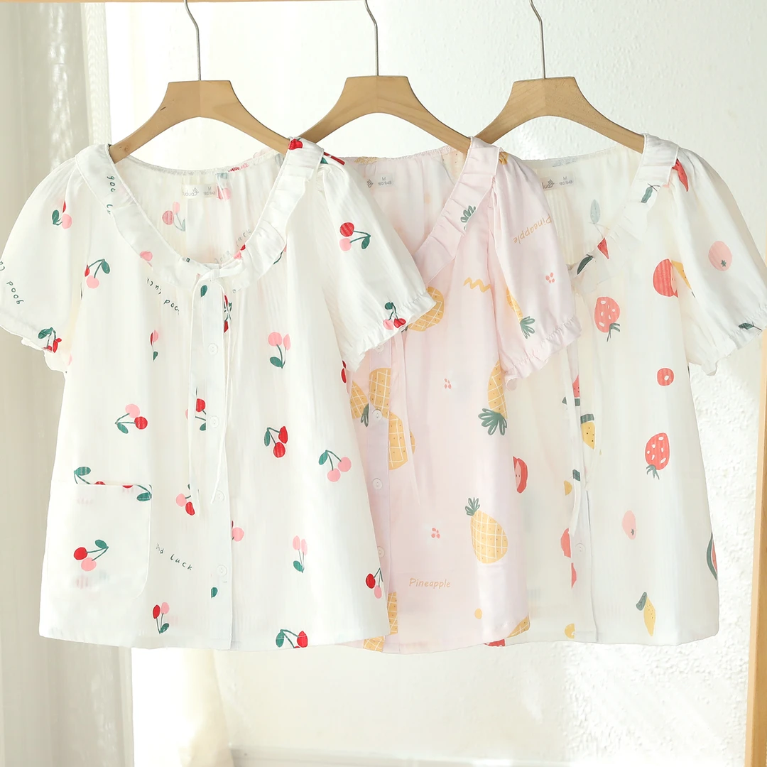 富朵夏季纯棉纱布睡衣甜美水果短袖短裤开衫家居服套装薄款可外穿