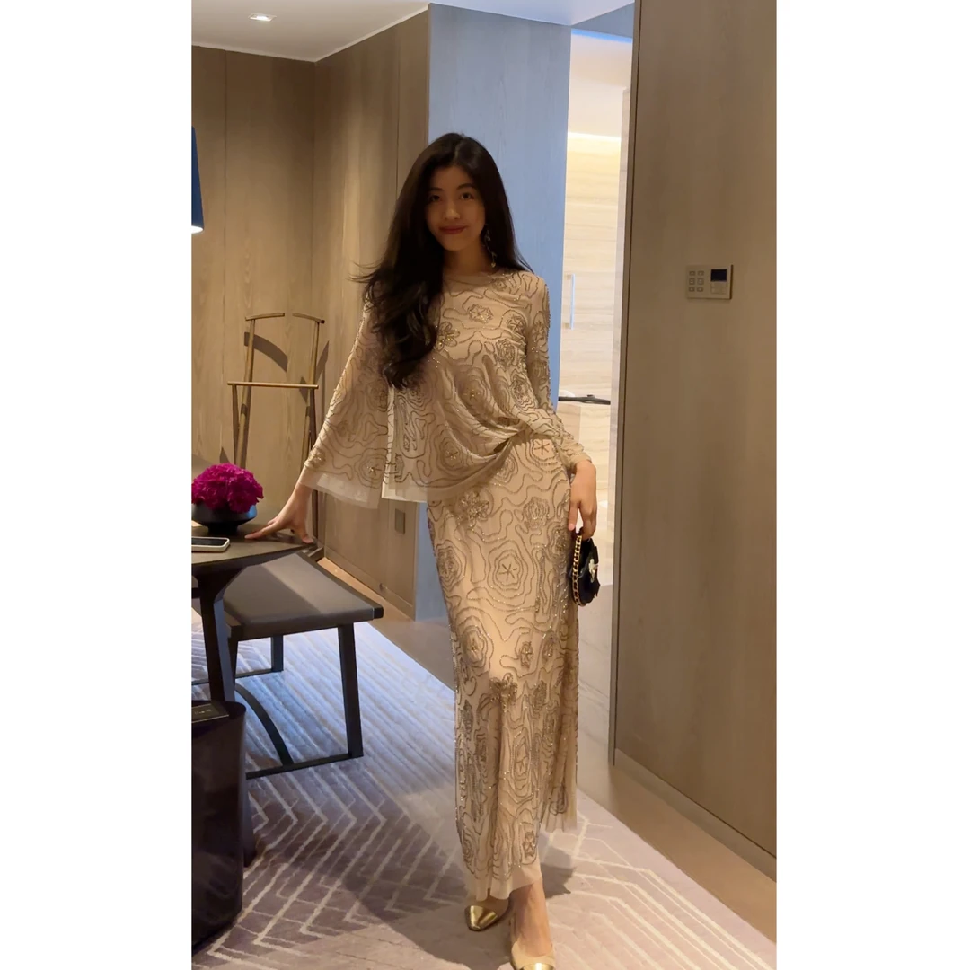 N.COU妮蔻25春新款千金清冷感绣珠亮片重工上衣半裙套装DY51902-1