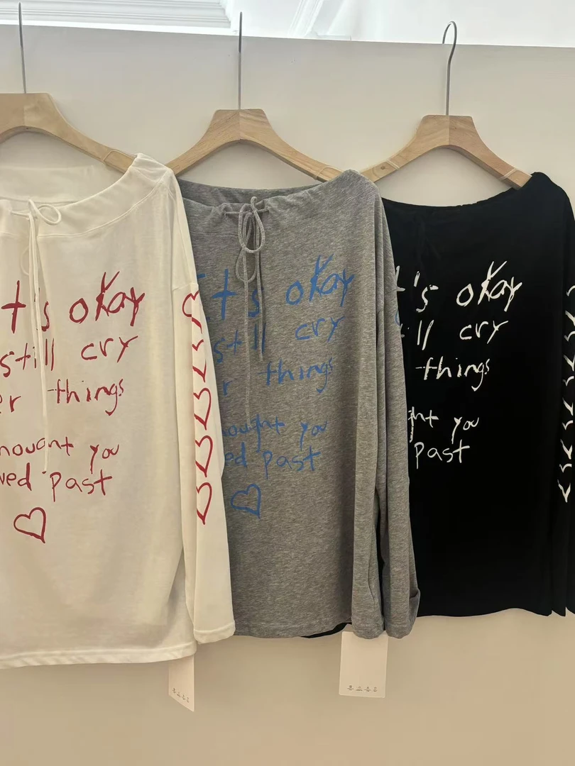 NO退满印字母潮流系带一字肩防晒T