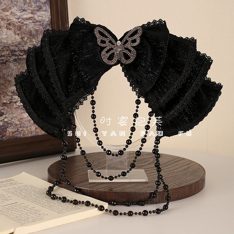 黑天鹅丝绒弹簧夹蕾丝边丝绒发饰立体蝴蝶防滑条珠珠流苏一字夹女