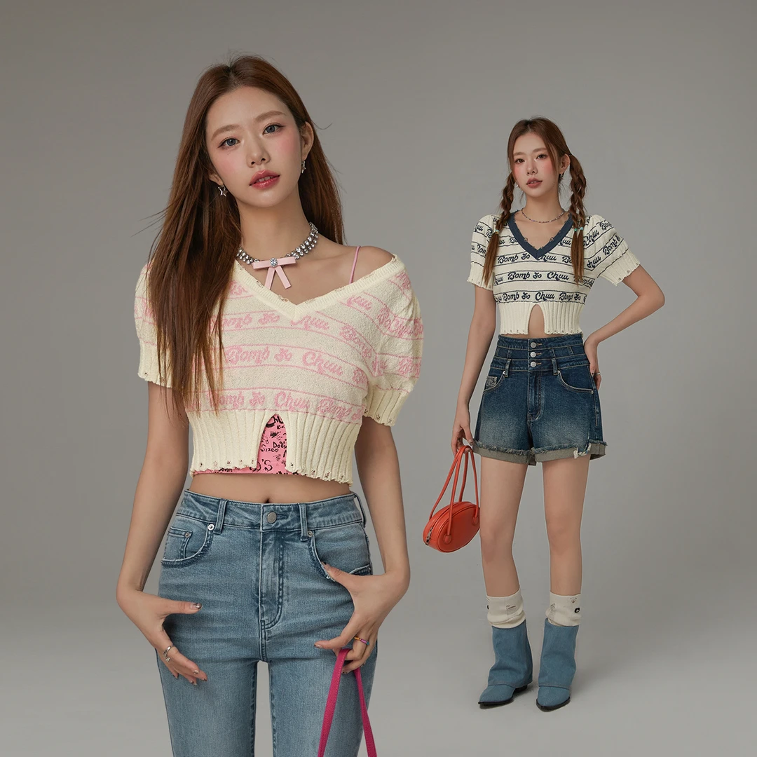 ND001 【马琦尧专属】CHUU字母提花撞色磨破开叉短袖针织衫-Y