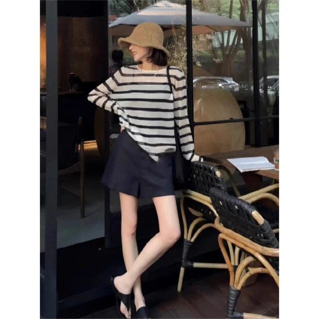 黑白条纹针织冰丝宽松防晒空调衫薄款长袖t恤女夏季罩衫别致上衣
