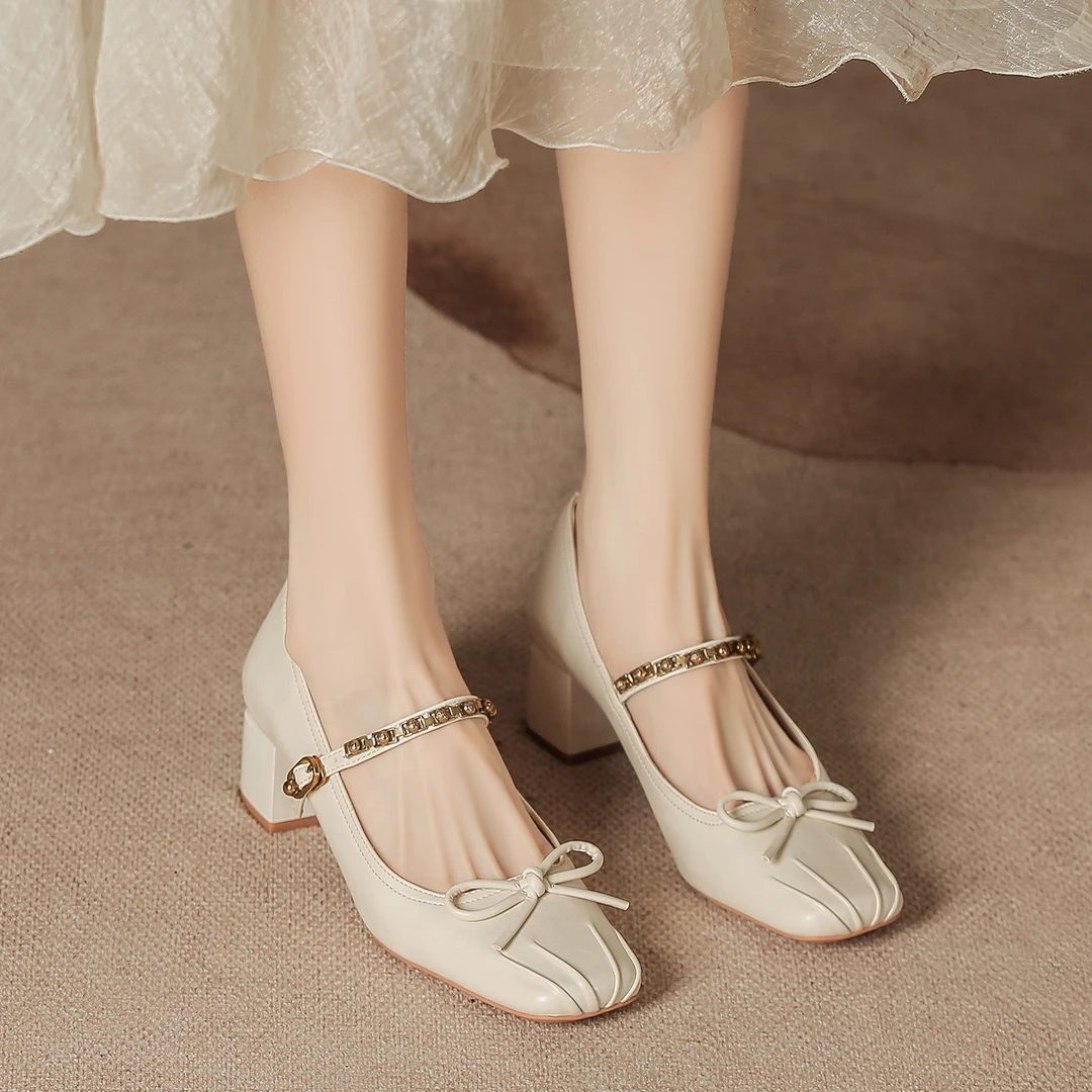 春款法式气质单鞋女蝴蝶结高跟鞋高级感粗跟方头一字带玛丽珍韩沙