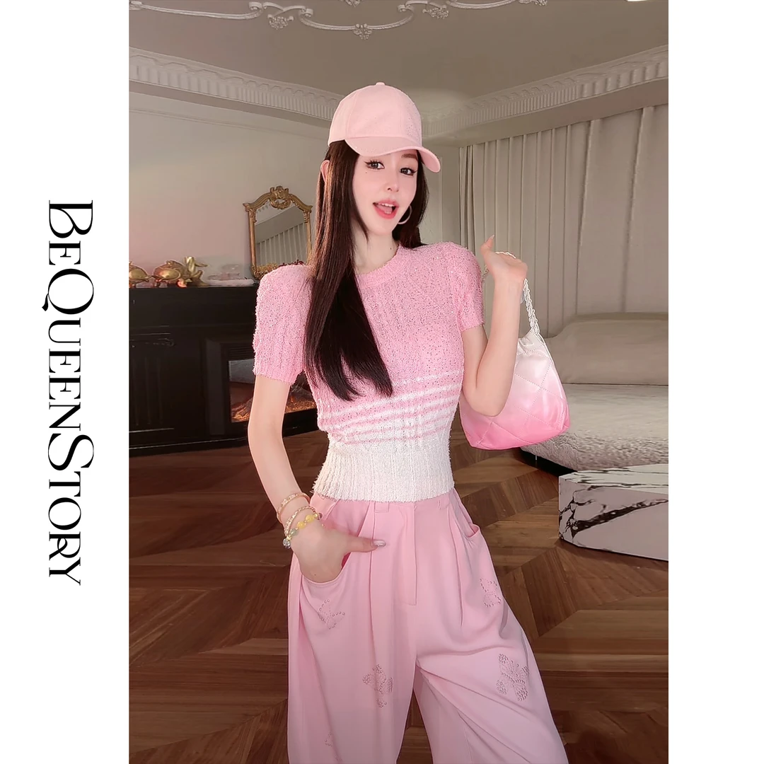 BeQueenStory【粉蓝幻梦】2025新款重工特殊纱线编织圆领短袖针织衫