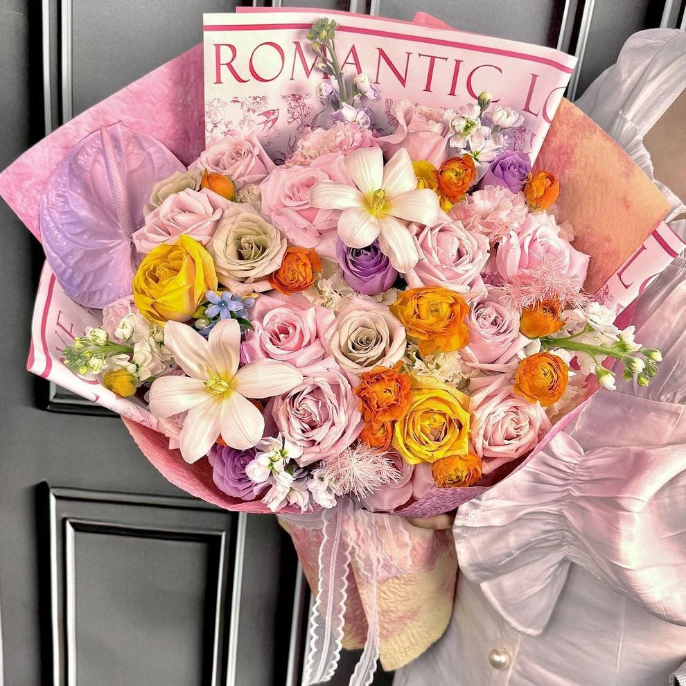 【邂逅浪漫】粉玫瑰花郁金香紫罗兰洋桔梗混搭花束生日花束约会花束生日鲜花配送花店送花上门