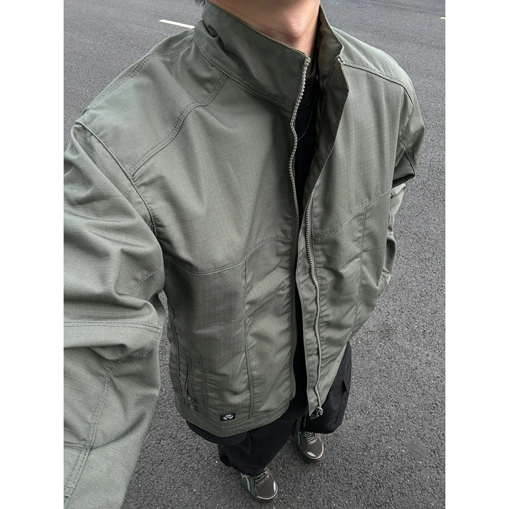 国潮军绿色痞帅工装外套男夹克秋冬新款立领纹理质感休闲男装百搭