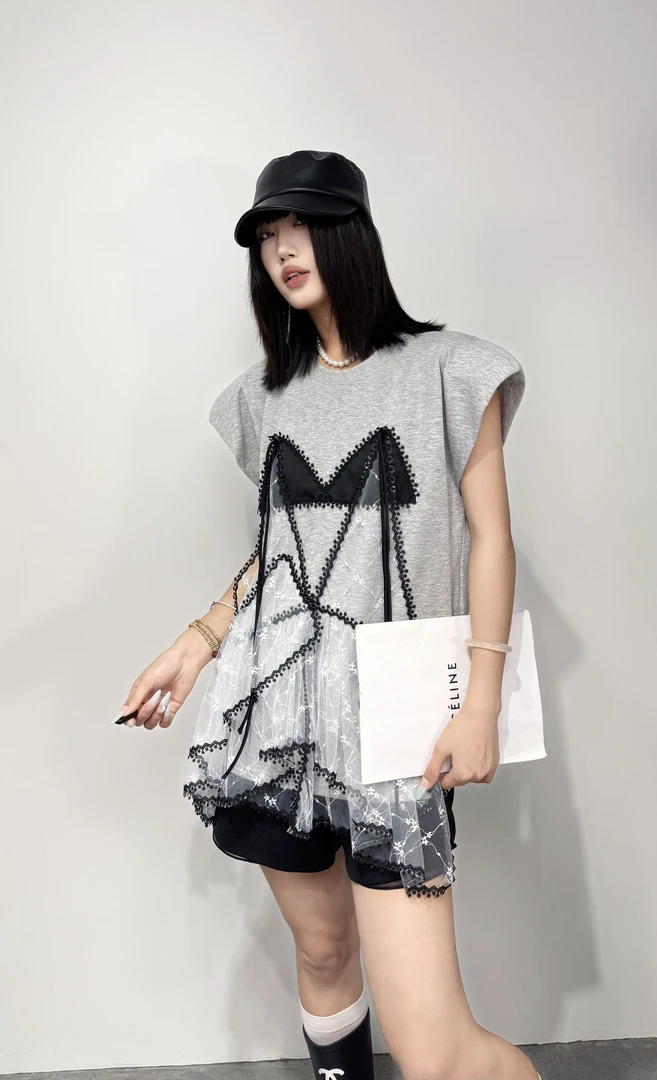 3409#欧洲站2025夏季新款时尚设计感重工钉珠蕾丝拼接假两件短袖