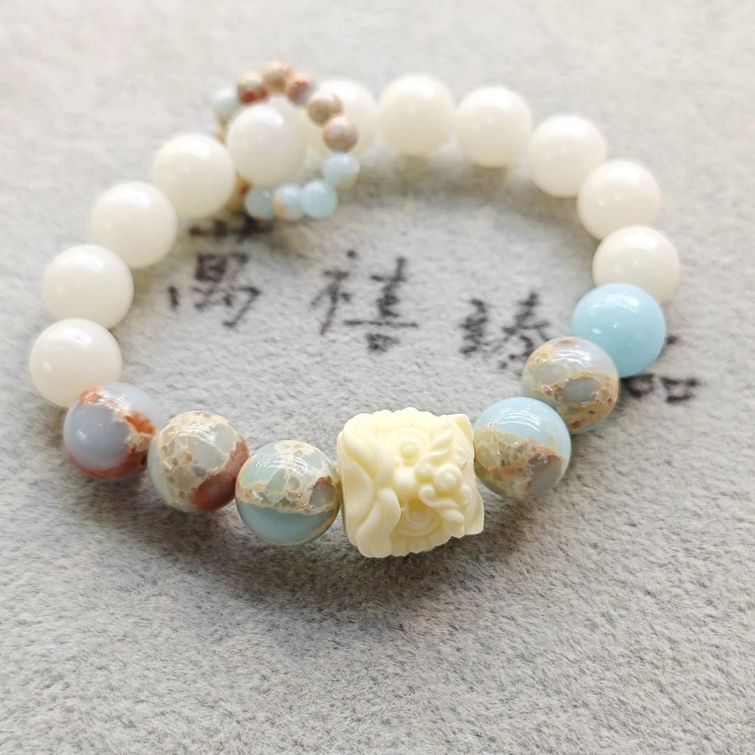 10mm醒狮头白玉菩提寿山手串F021 hn