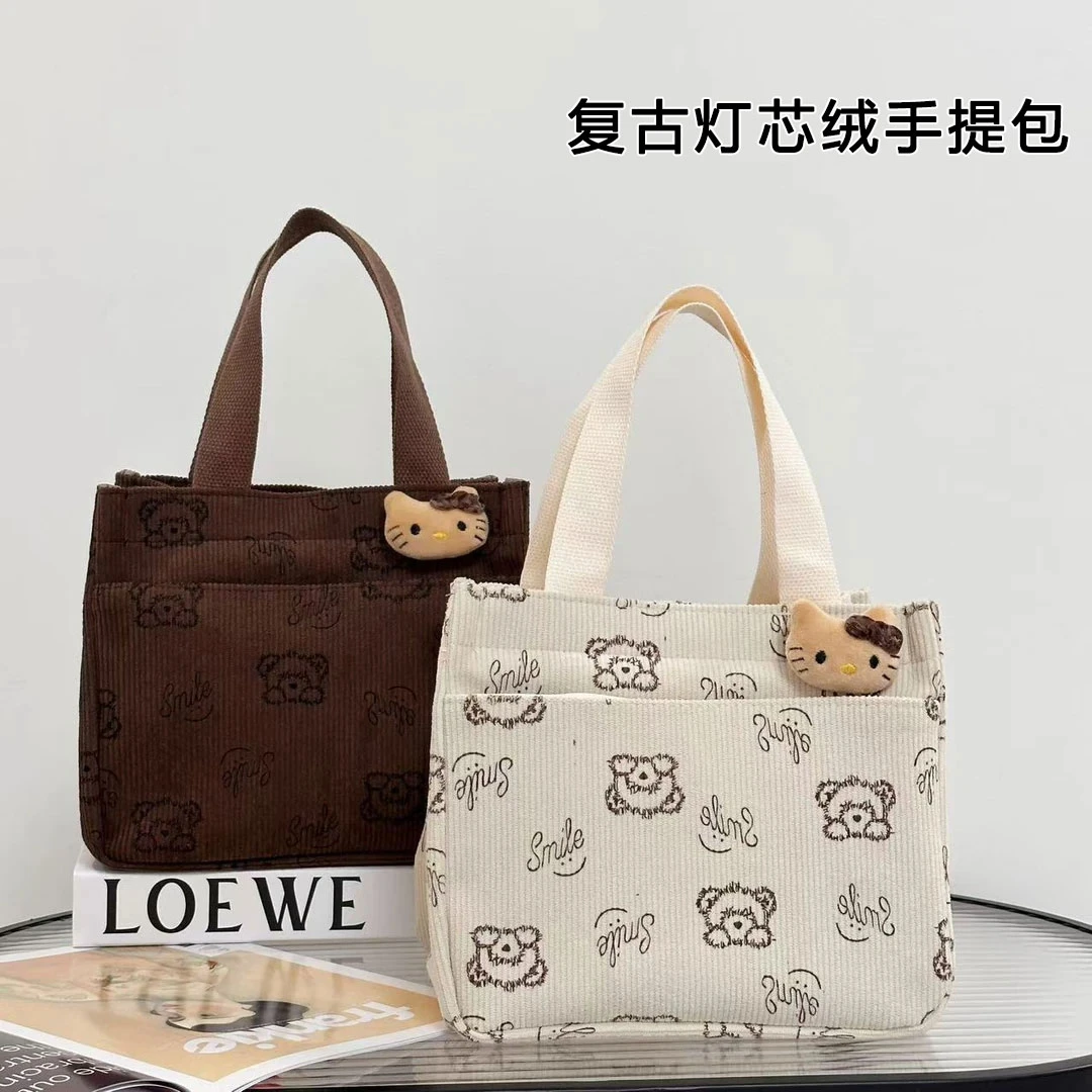 复古灯芯绒手提包2025年新款妈咪包简约外出大容量上班便当手提包