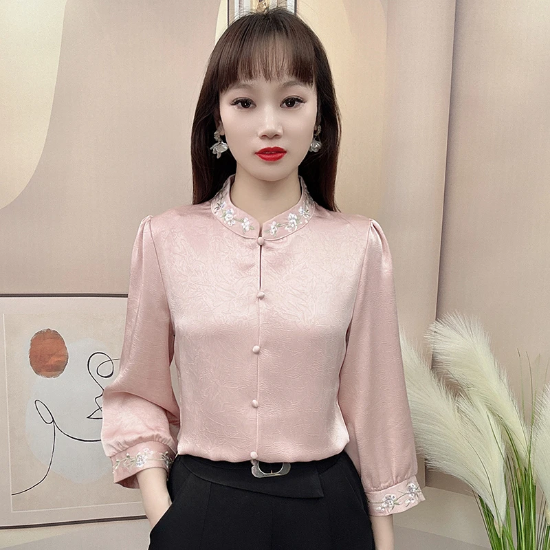 时尚刺绣七分袖衬衫女2025春季新款气质高端圆领衬衣洋气百搭上衣