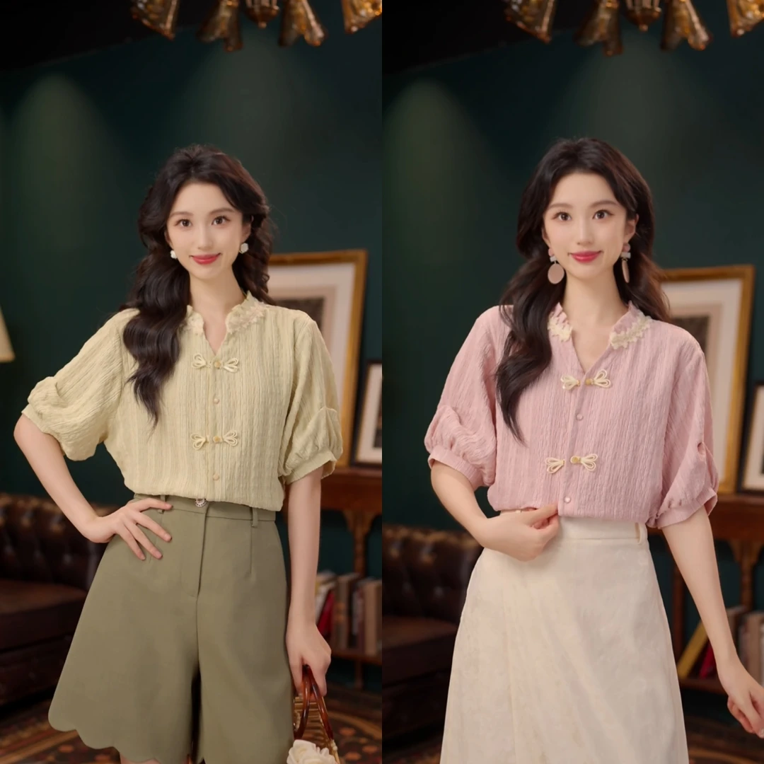 琦琦【樱花雨】夏季拼接灯笼袖纯色单排多扣衬衫休闲YE0706502