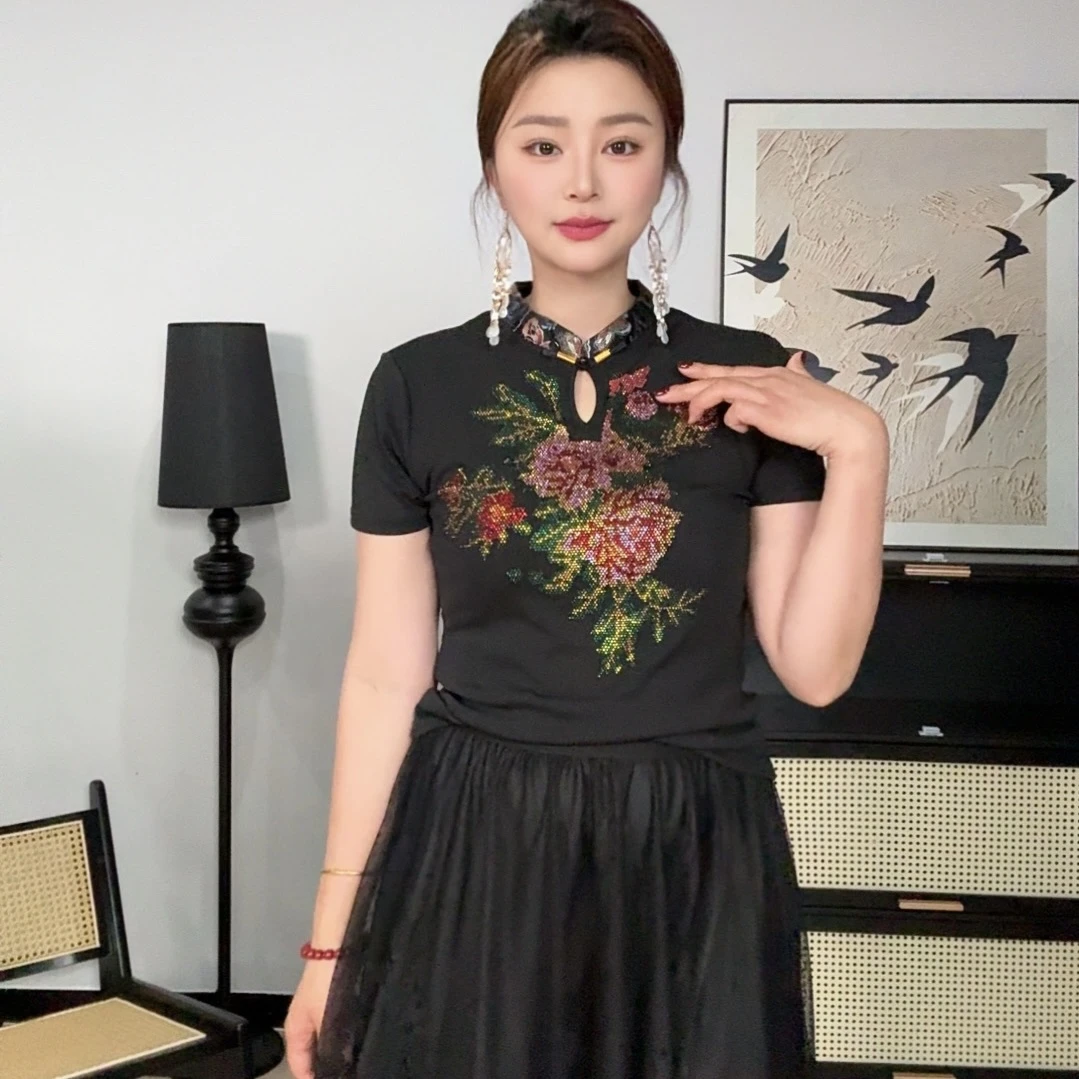 【春夏新款】新中式性感亮钻微透时尚重工烫钻5分袖打底衫3010-1