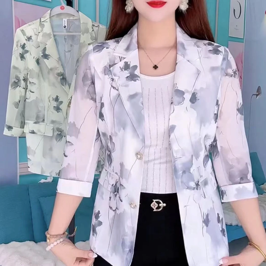 2025西装夏季外套新款时尚印花气质薄款妈妈显瘦遮肉大码西服上衣