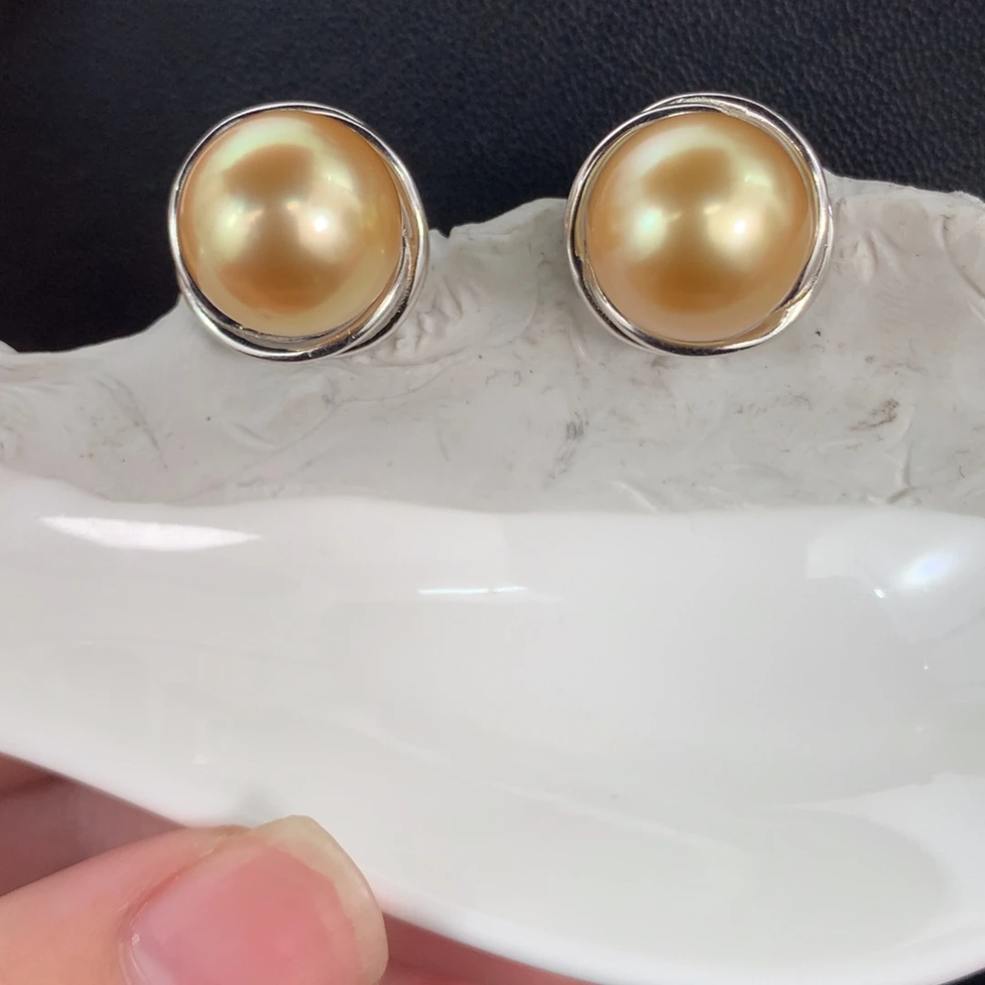 银S925镶嵌耳饰定制海水珍珠金珠11-12