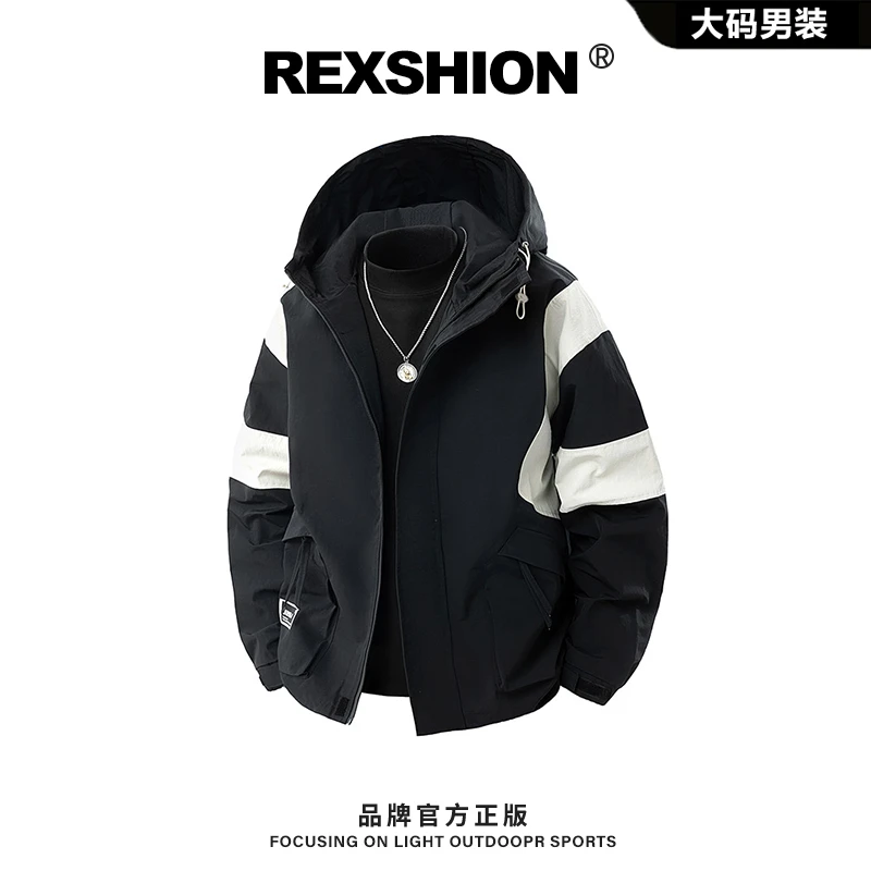 REXSHION秋季新款拼接撞色连帽工装夹克男户外潮流休闲宽松外套男