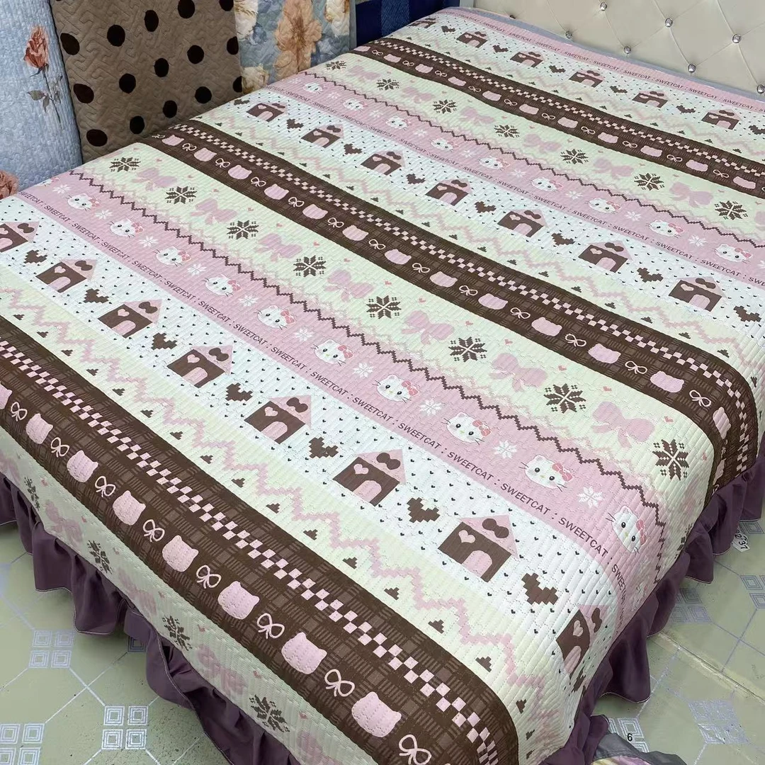 [拼接房子小猫咪大花边款]四季通用亲肤柔软舒适床盖尺寸2.4×2.5