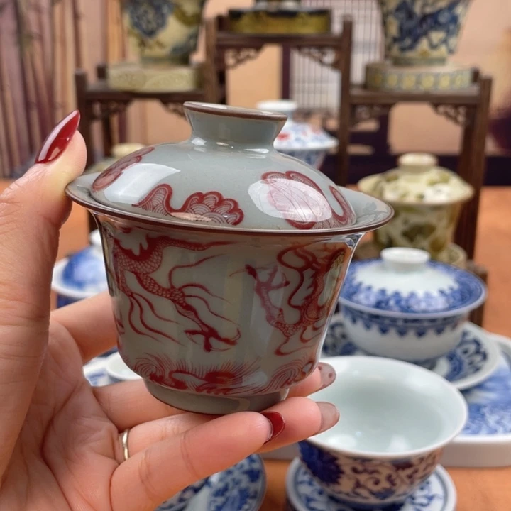 摆件红龙两才盖碗