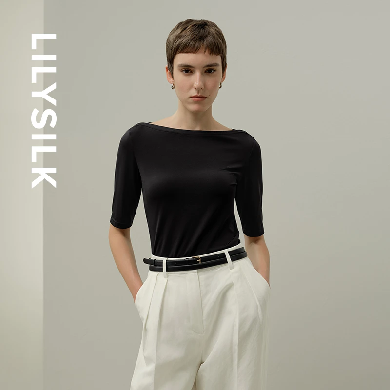 莉莉秀客【可机洗】25秋真丝混纺修身显瘦中袖圆领内搭上衣LILYSILK