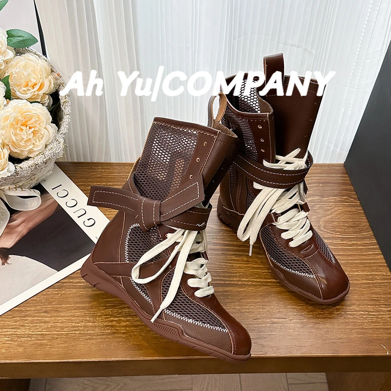 棕色内增高系带侧拉链马丁靴女2025夏季新款薄款网纱凉靴镂空网靴