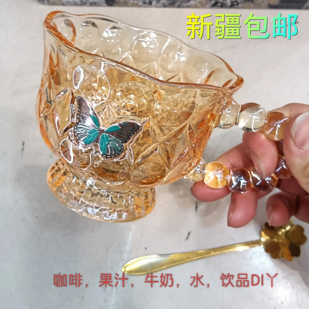 新款浮雕带把玻璃杯高颜值杯子马克杯咖啡牛奶杯高脚杯早餐杯