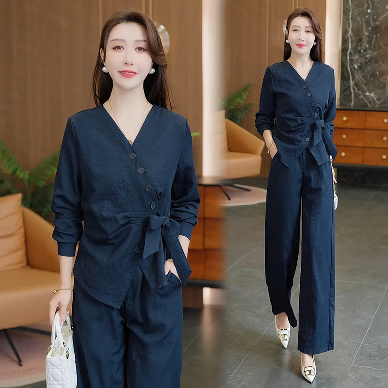 时尚V领衬衫阔腿裤两件套女2025春秋新季洋气显瘦韩版高级感套装