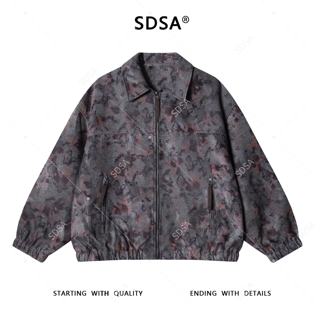 SDSA男士秋冬新款痞帅男装美式豹纹夹克翻领撞色百搭拉链外套时尚