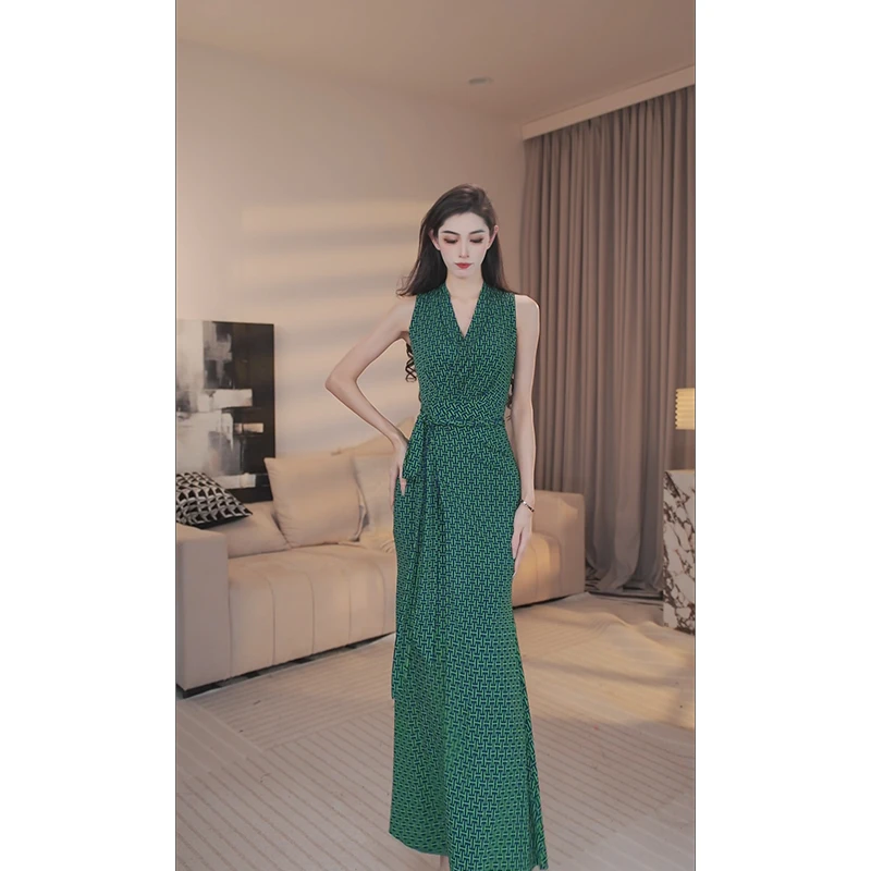 尤克菲儿 轻奢高定水晶麻印花鱼尾裙显瘦修身优雅法式系带连衣裙