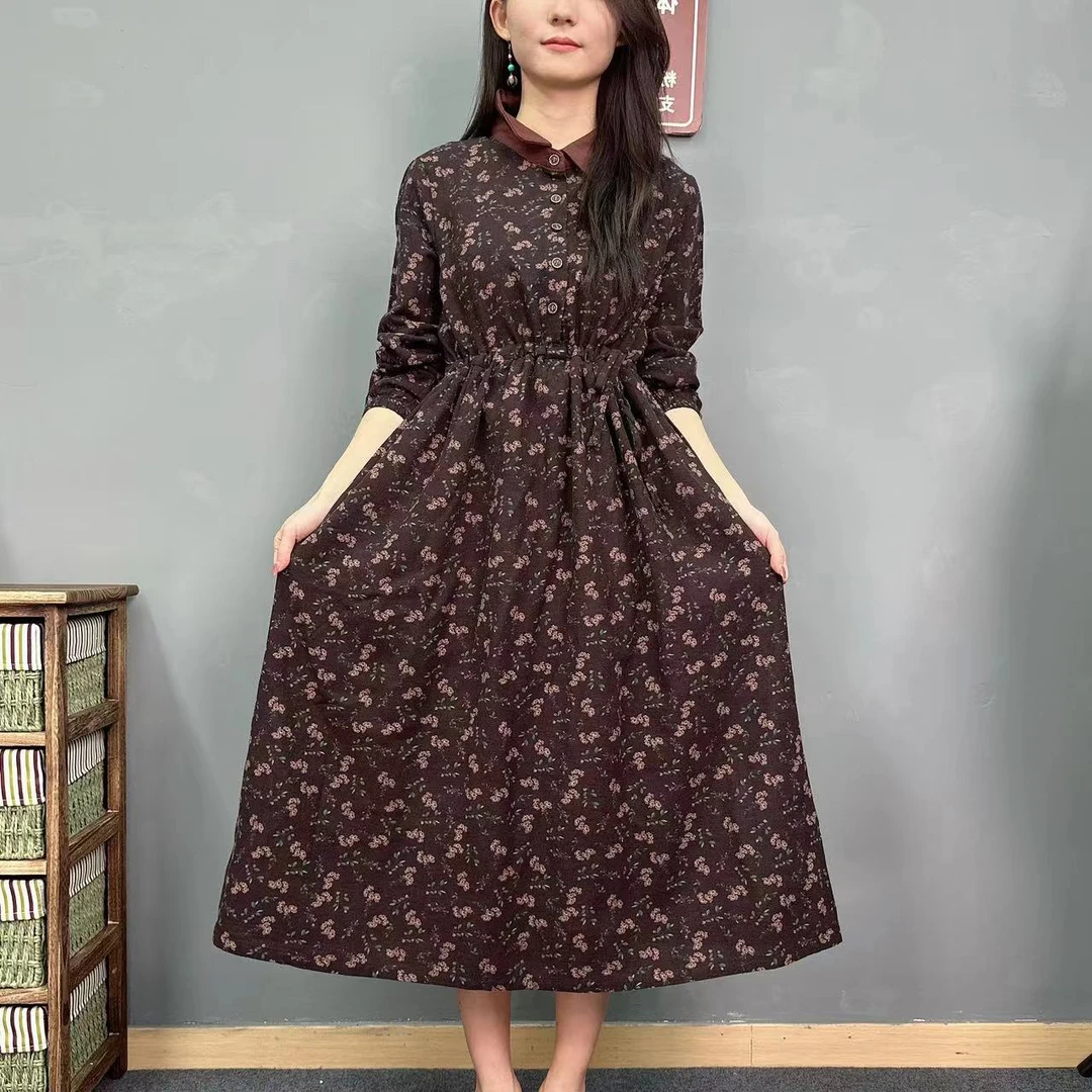 5846新款连衣裙时尚单排扣翻领深咖色碎花遮肚显瘦印花裙子