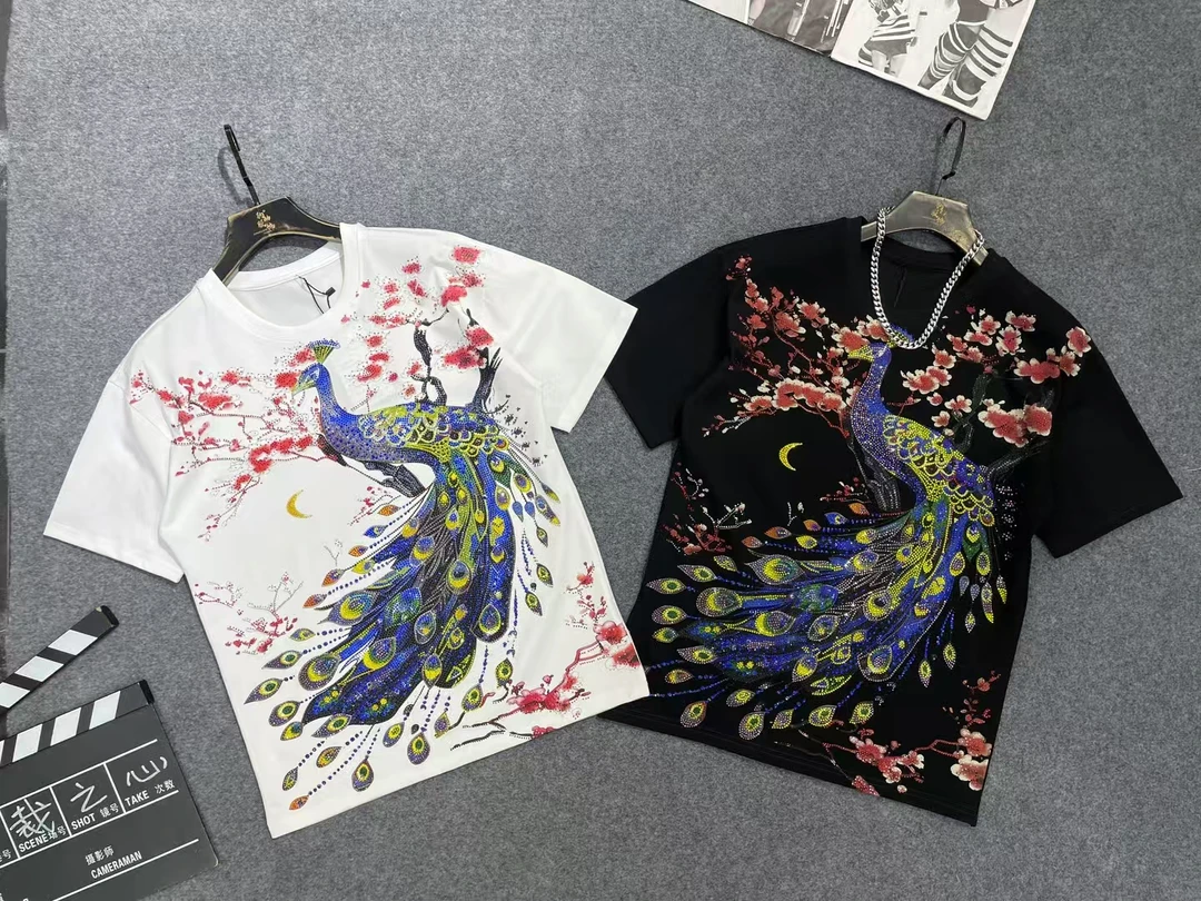 11988烫钻孔雀重工满钻短袖黑色圆领时尚情侣年T恤半袖个性