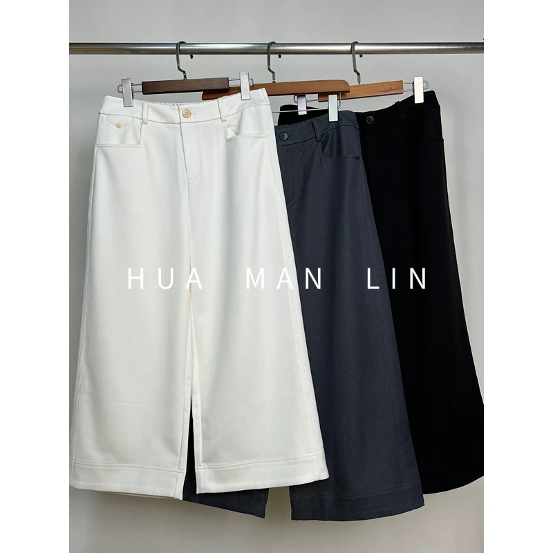 【花满林】三色后松紧腰一粒扣拉链裤脚宽边八分裤81009