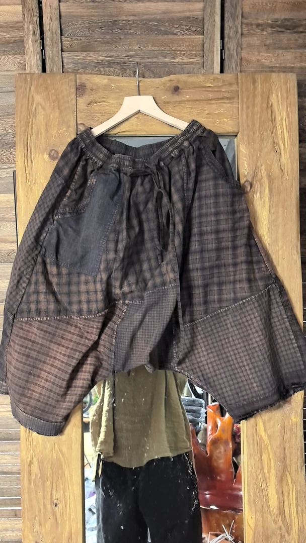 古古麦格子拼接土布须边垮裤72长单