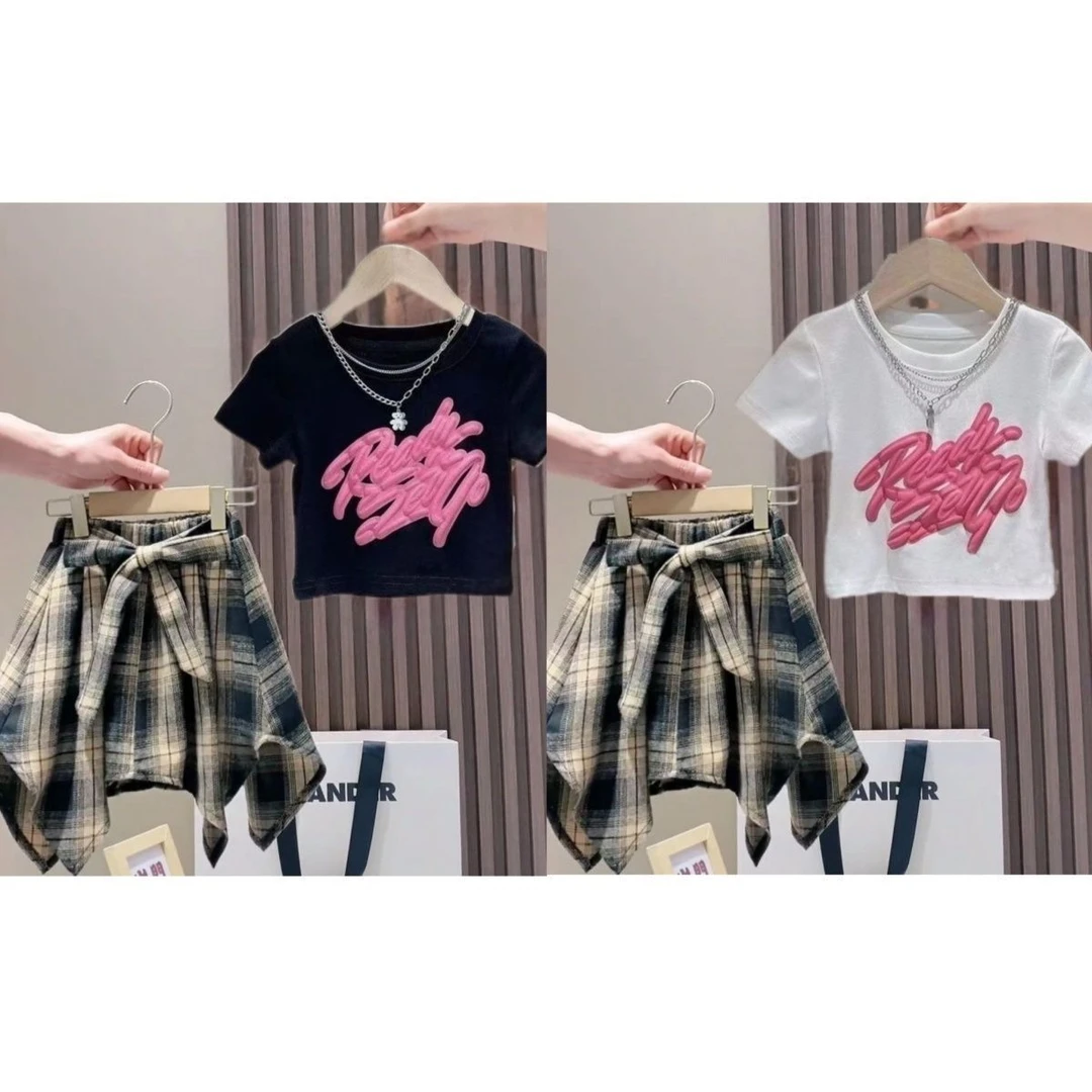 女童夏季套装2025款时髦网红女宝宝短袖格子裙裤休闲