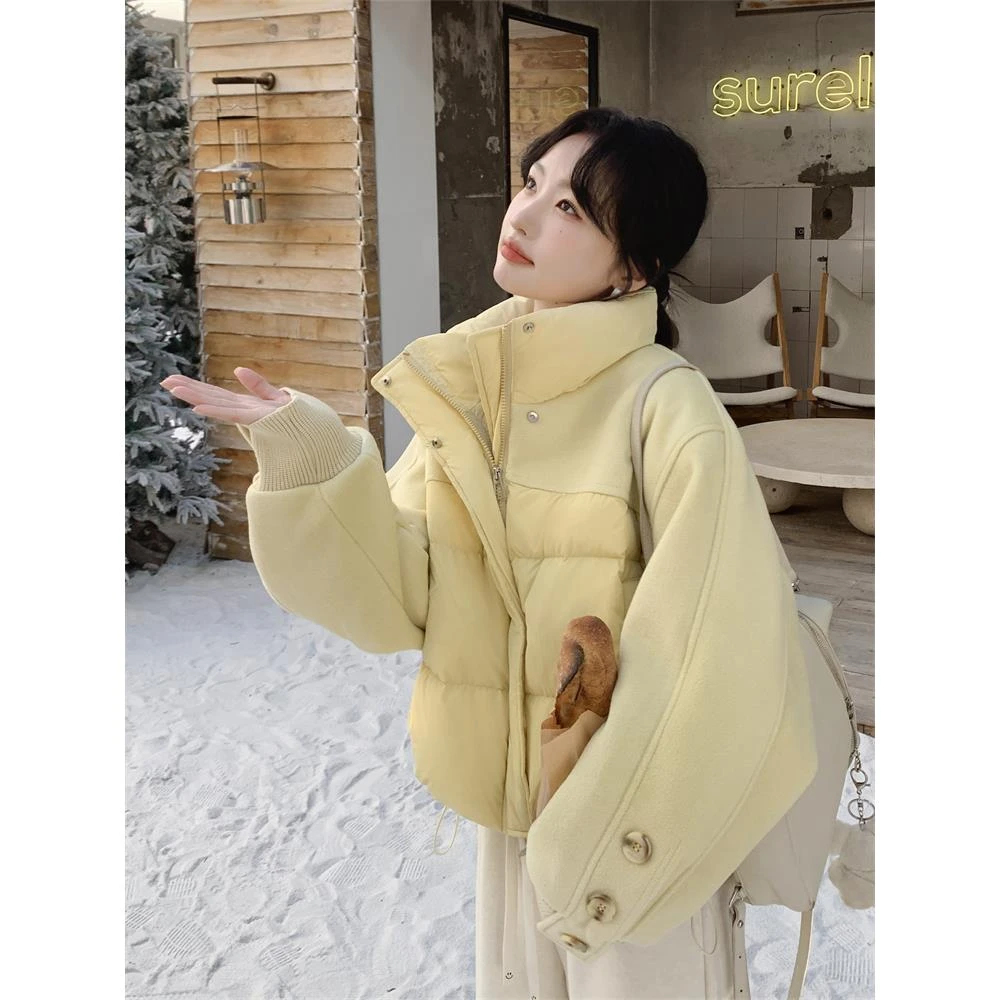 毛呢拼接保暖黄色羽绒服外套女冬季2025新款小个子流行爆款面包服