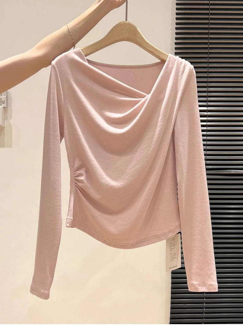 不规则斜领荡领打底衫女2025春秋季温柔高级风修身T恤打底衫上衣