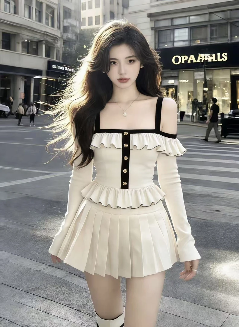 时尚小香风杏色一字领露肩吊带荷叶边上衣+杏色百褶半身裙两件套