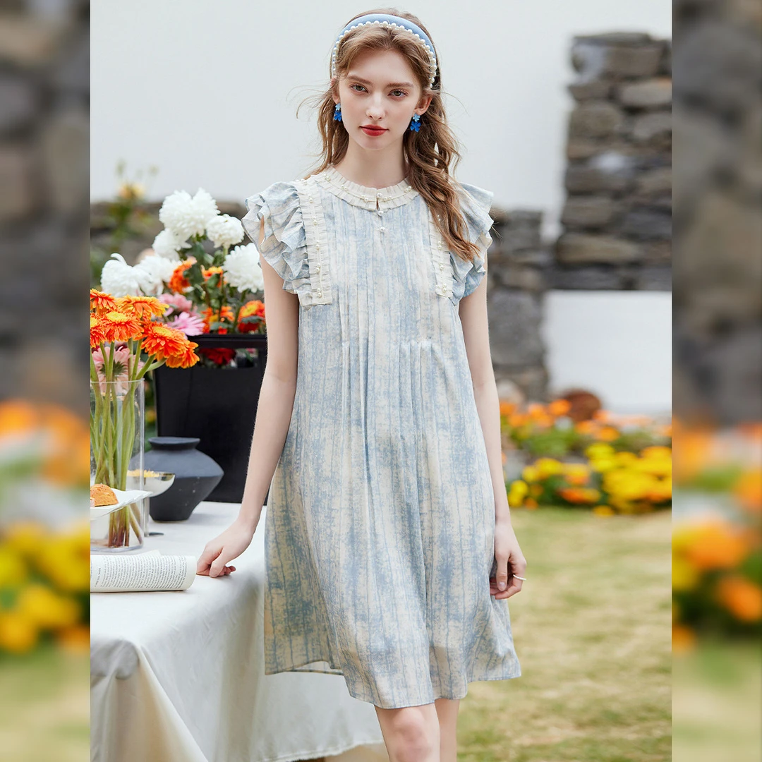 【商场同款新品】白鹿语双层钉珠压褶撞色女式连衣裙WYU20001