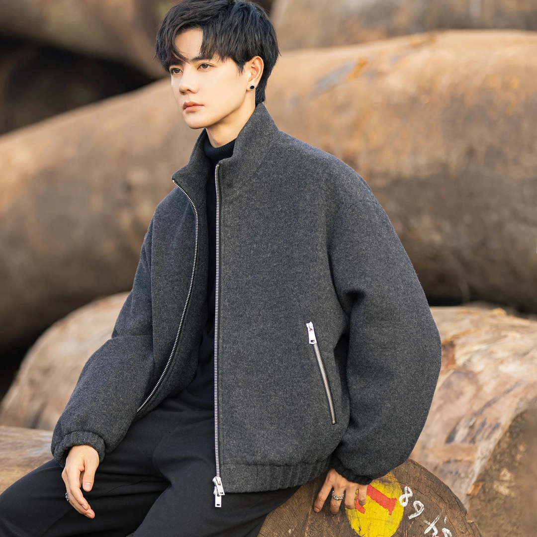 绵羊毛可机洗羽绒服男冬季新款加厚保暖高级感青年立领呢子外套潮