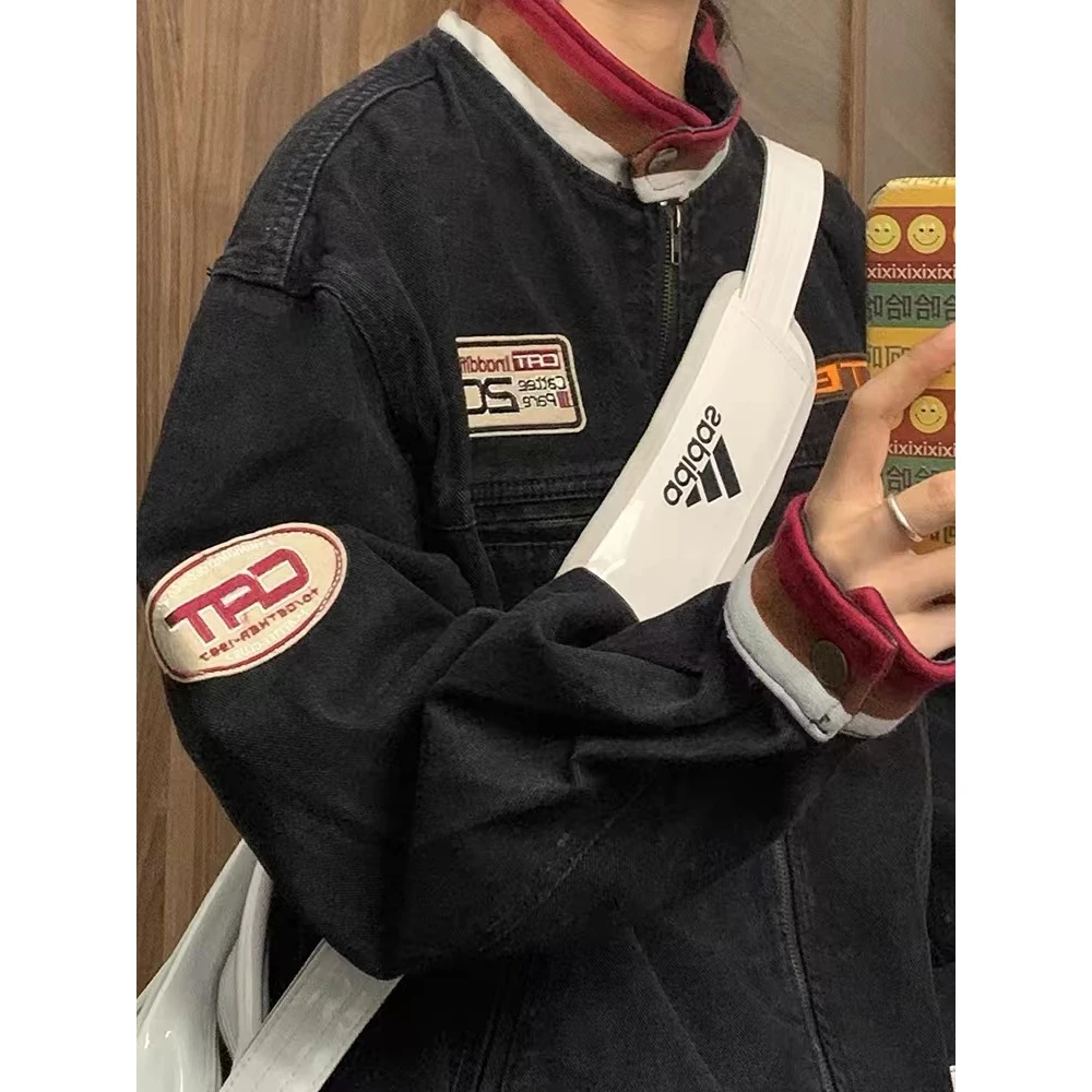 1号 撞色拼接立领牛仔夹克开衫外套春秋情侣款