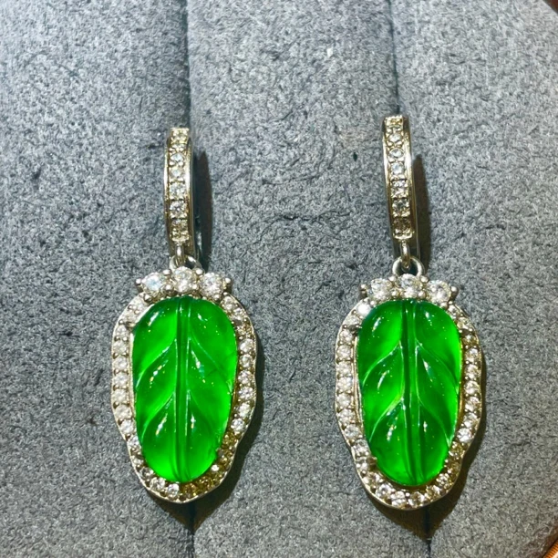 【翠玉阁翡翠】天然A货翡翠S925银镶满绿叶子翡翠耳坠金枝玉叶时尚